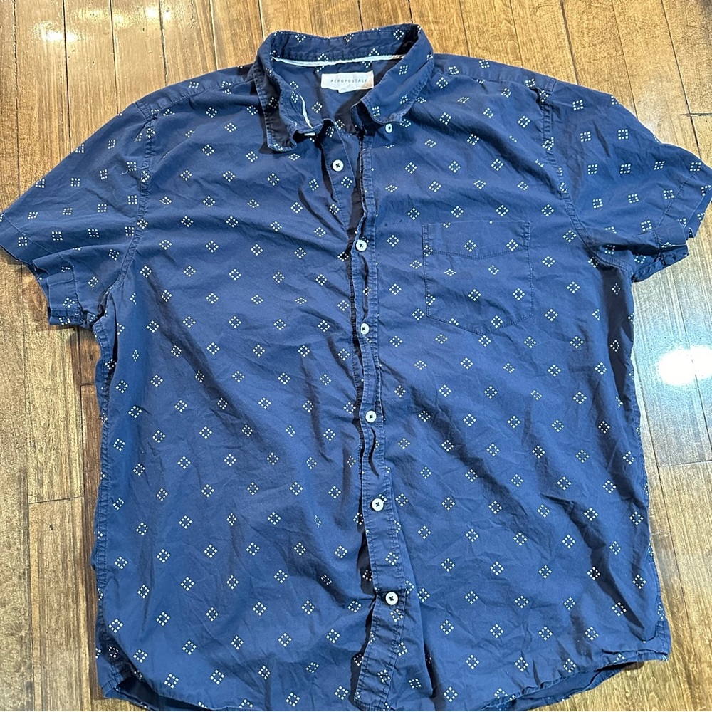 Aeropostale Men Blue‎ White Diamond Print Summer Button Short Sleeve Shirt Sz XL